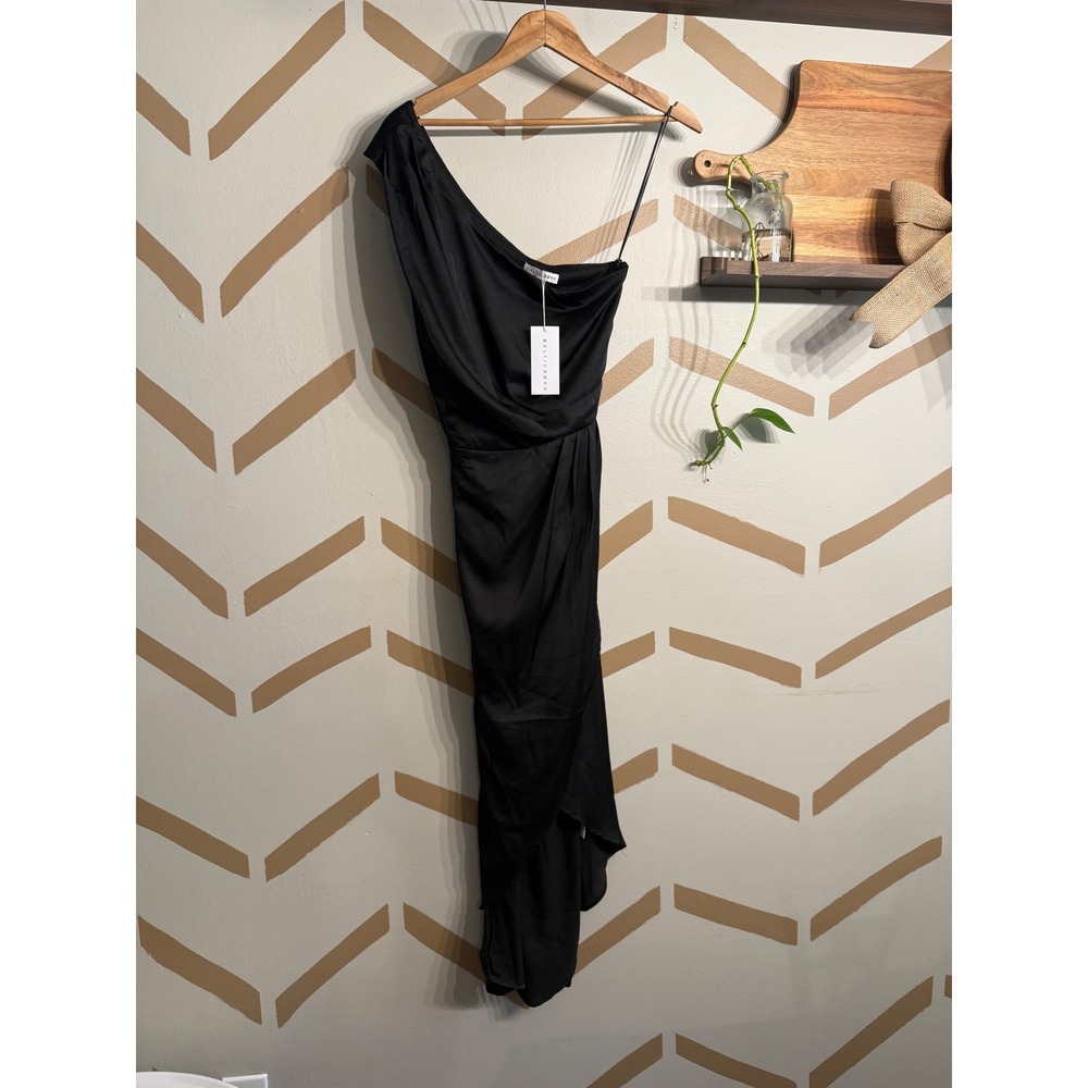 Baltic Born Celia One Shoulder Midi Dress Womens Large Black Ruched Satin DD3216